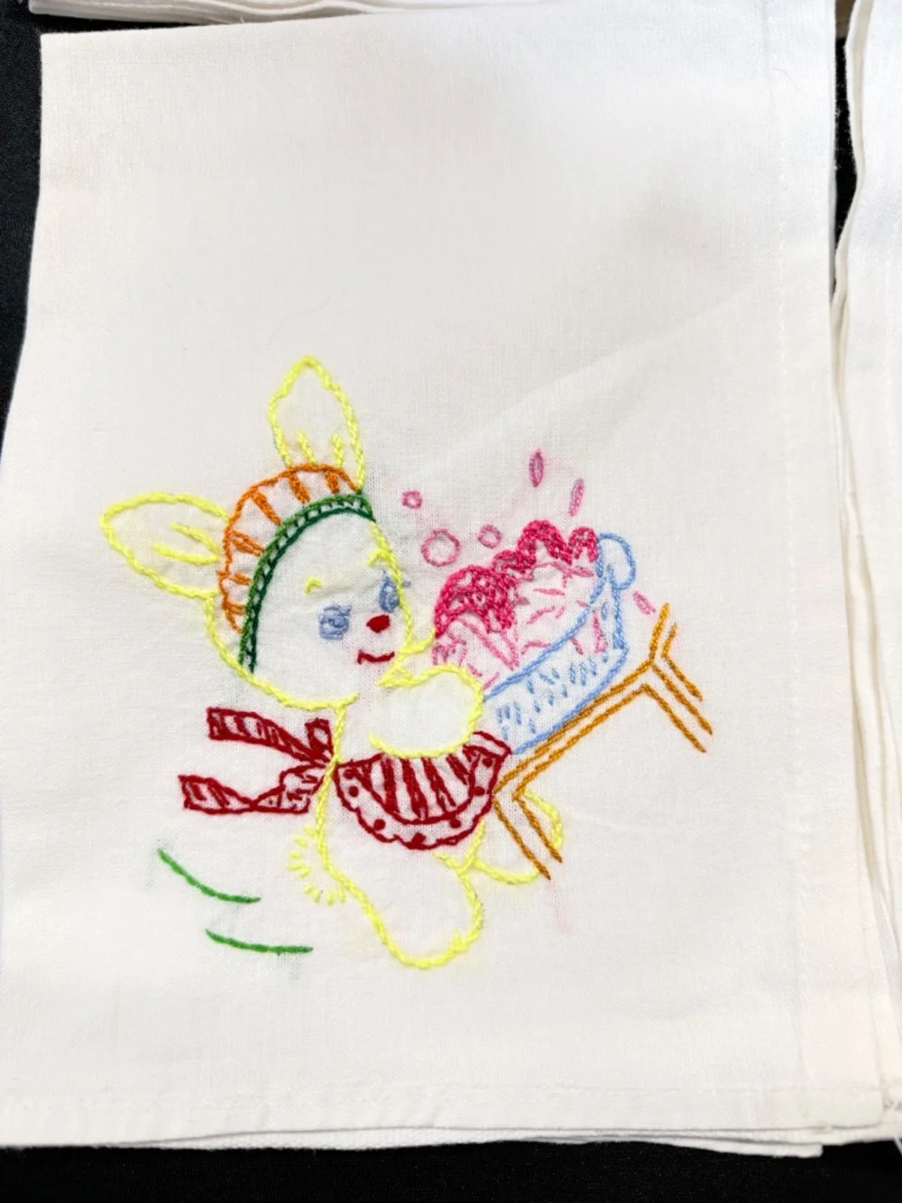 Vintage Hand Embroidered Flour Sack Towels. Playful Anthropomorphic Bunny Design